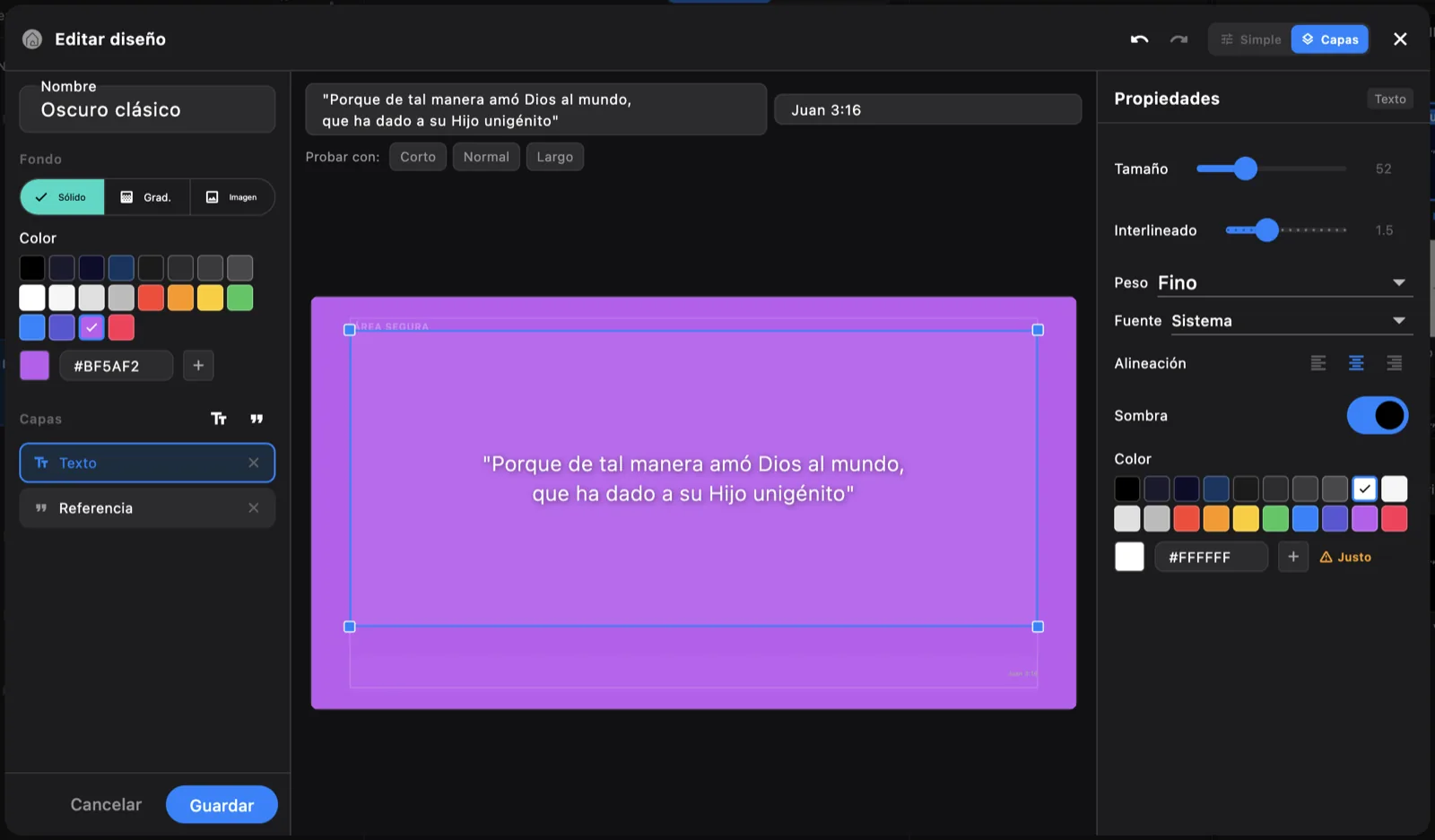 The design editor in layers mode, with the canvas, the guides and the safe area