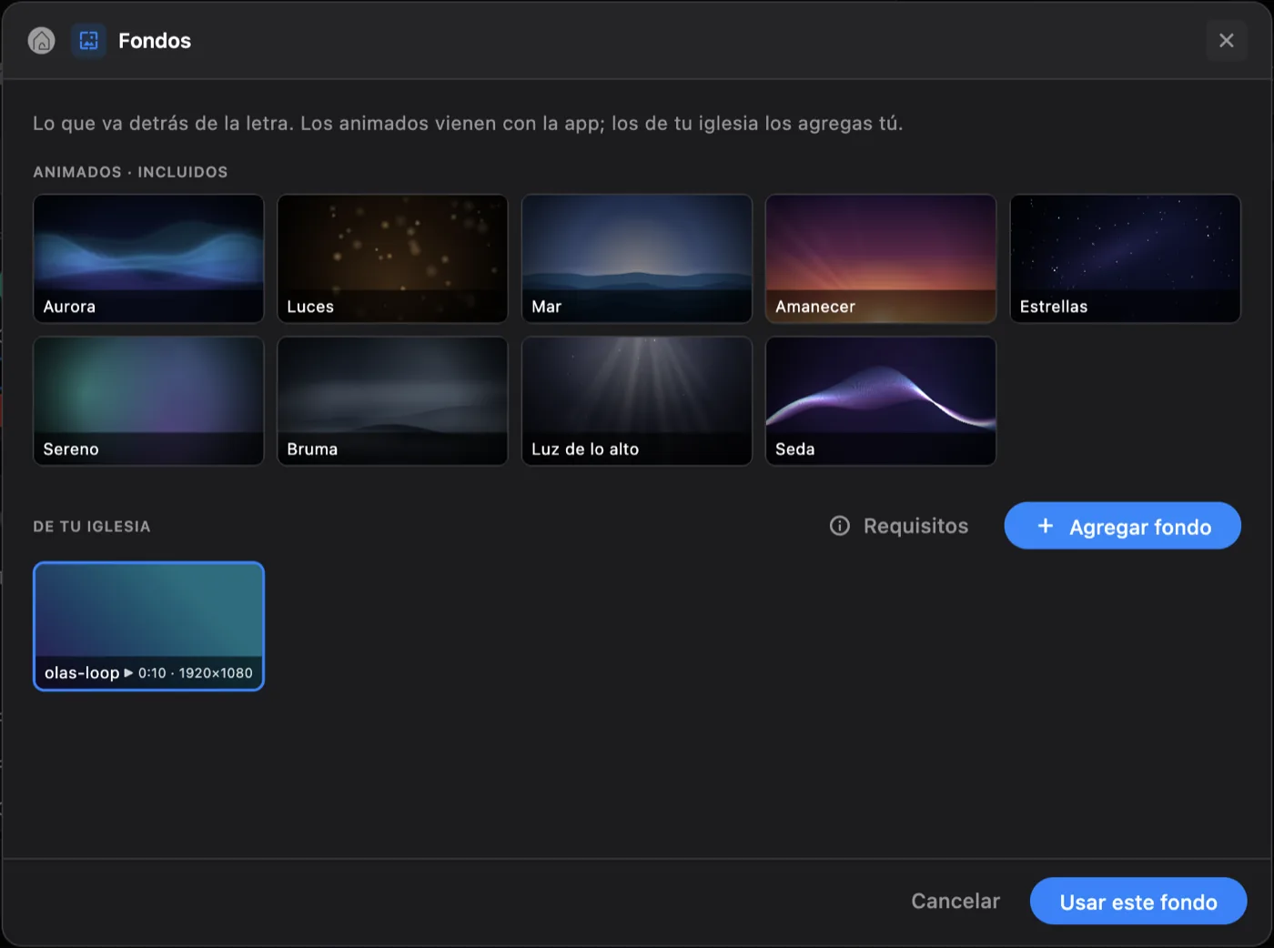 The background picker with the nine built-in animated scenes and one of the church's own