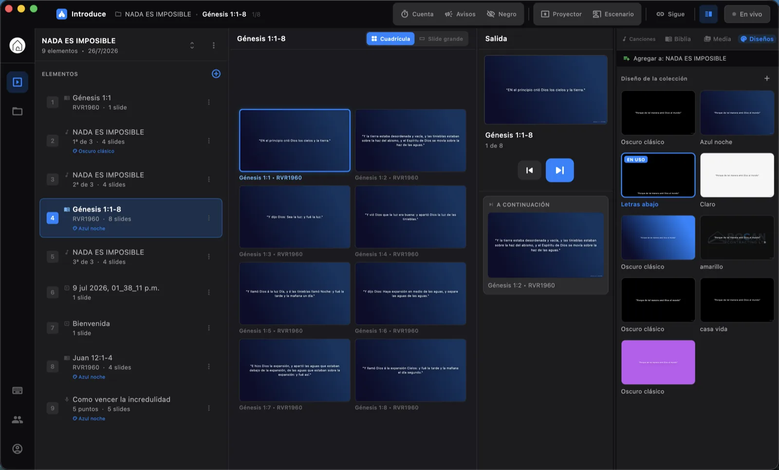 The operator console: the running order on the left, the slide grid in the middle and the output with what comes next on the right
